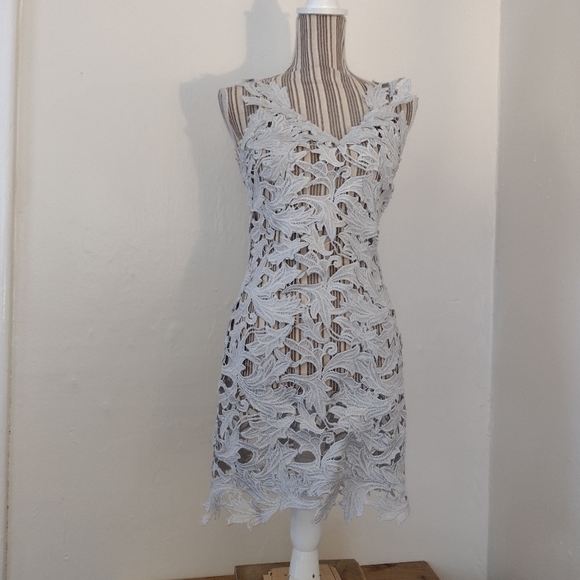 M & GUIA Brazil Silver Embroidered Floral Vine Lace Mini Dress Fits Size S - Picture 13 of 14